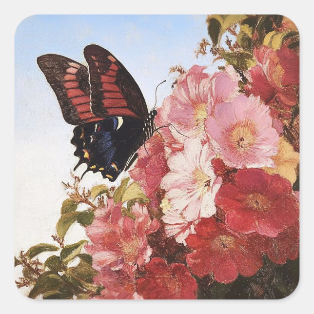 Adesivo Quadrado Borboleta Impressionista e Flores Rosa (Frente)