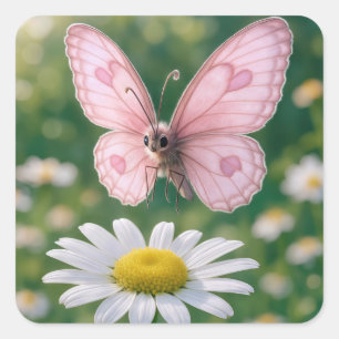 Adesivo Quadrado Borboleta Rosa Feminina e Margarida Branca