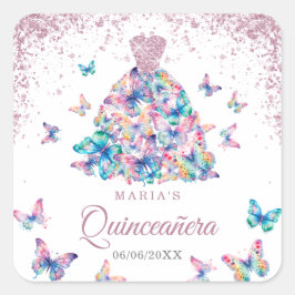 Adesivo Quadrado Borboletas Douradas de rosa, Gown Quinceanera