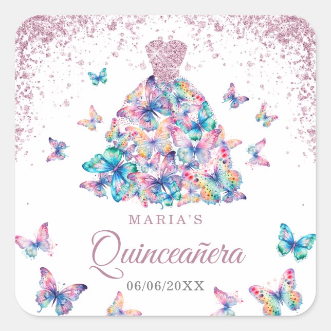 Adesivo Quadrado Borboletas Douradas de rosa, Gown Quinceanera (Frente)