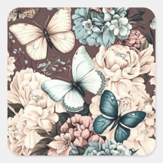 Adesivo Quadrado Borboletas e flores marrons (Frente)