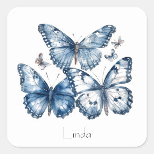 Adesivo Quadrado Borboletas em Azul de Delft, personalizável 