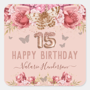 Adesivo Quadrado Borboletas Florais Feliz 15 de Aniversário