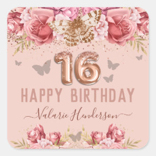 Adesivo Quadrado Borboletas Floral Rosa Feliz 16º Aniversário