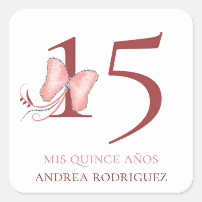 Adesivo Quadrado Borboletas rosa e espirais Quinceañera (Frente)
