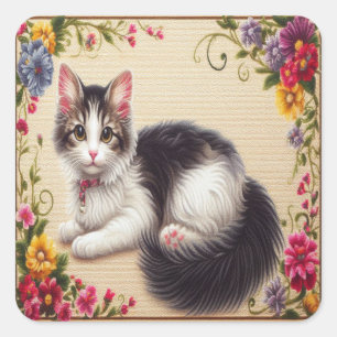 Adesivo Quadrado Borda das Flores Coloridas de Gato com Bobtail Jap