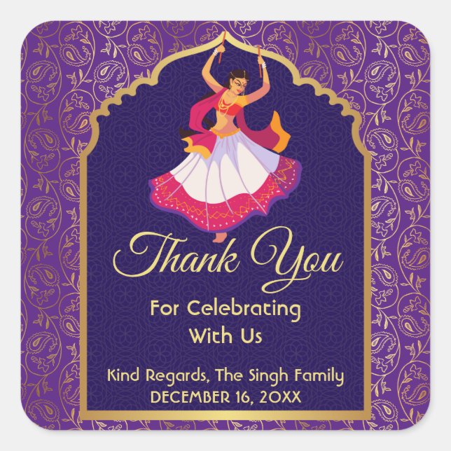 Adesivo Quadrado Borda de padrão dourado asiático roxo árabe Mehndi (Frente)