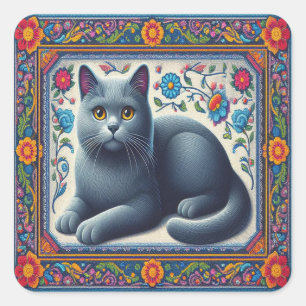 Adesivo Quadrado Borda Floral Colorida de Gato Azul Realista Russo