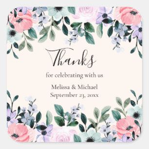 Adesivo Quadrado Borda Floral Cor-de-Água Rosa e Puro Obrigado