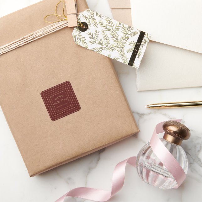 Adesivo Quadrado Bordas de ouro feliz ano novo vermelhas (Presentear)