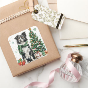 Adesivo Quadrado Border Collie com Cachecol Festivo junto à Árvore 