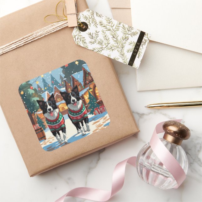 Adesivo Quadrado Border Collie Dogs Christmas Snow Holiday (Presentear)