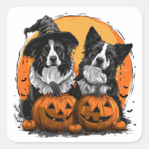 Adesivo Quadrado Border Collie Dogs Halloween Jack O Lanternas