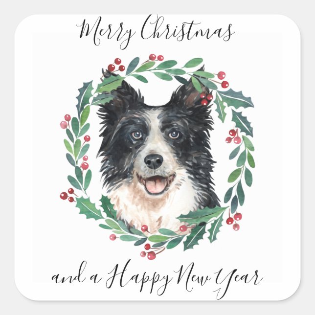 Adesivo Quadrado Border Collie Elegant Dog Feliz Natal (Frente)