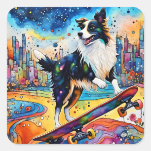 Adesivo Quadrado Border Collie Skateboard