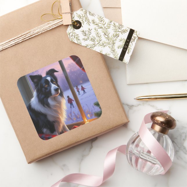 Adesivo Quadrado Border Collie With Christmas Lights Holiday (Presentear)