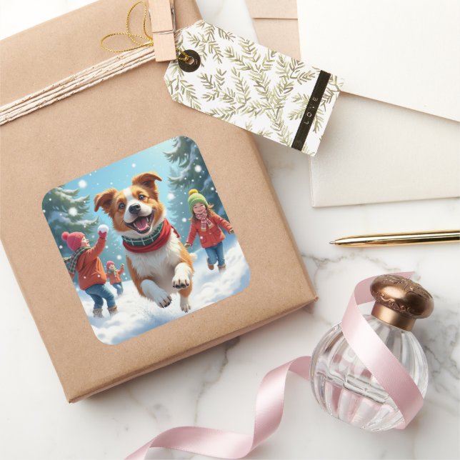 Adesivo Quadrado Border Terrier Snowball Fight Christmas Painting (Presentear)