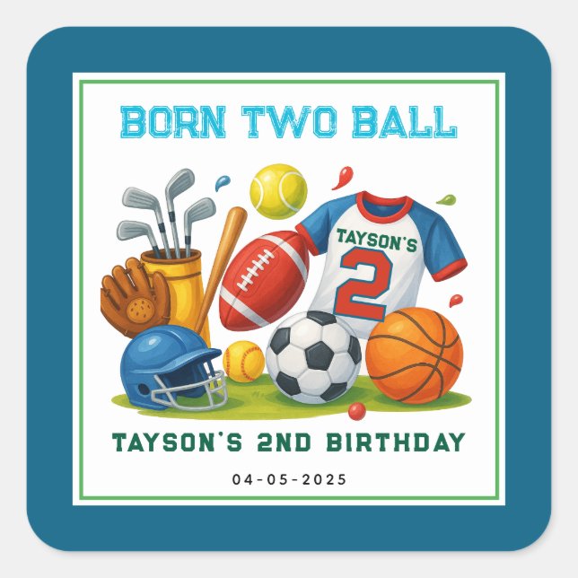 Adesivo Quadrado Born 2 Ball Sports Theme Boy’s 2nd Birthday Party (Frente)