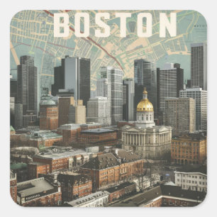 Adesivo Quadrado Boston, horizonte da cidade de Massachusetts com m