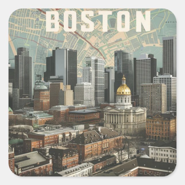 Adesivo Quadrado Boston, horizonte da cidade de Massachusetts com m (Frente)