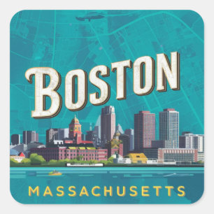 Adesivo Quadrado Boston, horizonte da cidade de Massachusetts com m