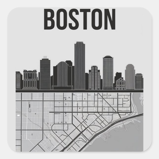 Adesivo Quadrado Boston Massachusetts City Skyline com Mapa (Frente)