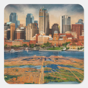 Adesivo Quadrado Boston, Massachusetts City Skyline com Mapa