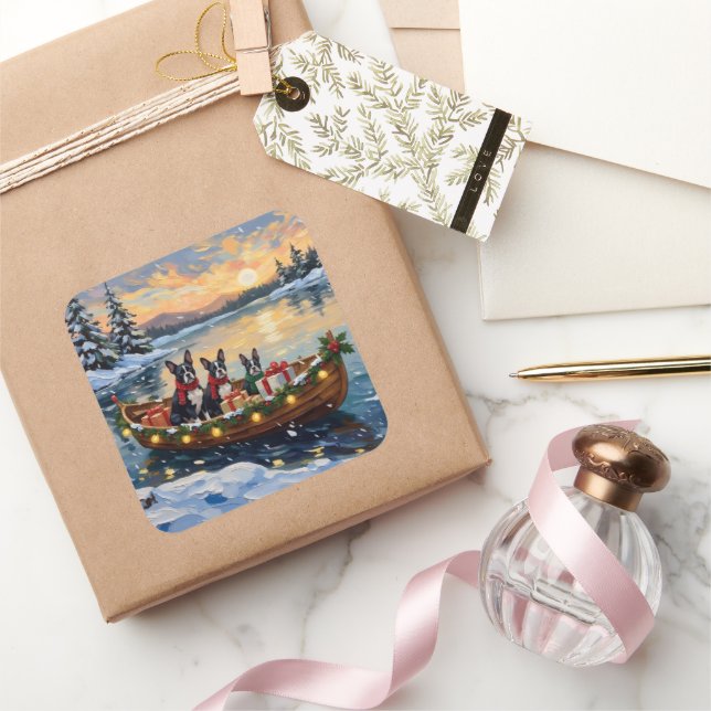 Adesivo Quadrado Boston Terrier Christmas Boat Holiday (Presentear)