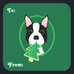 Adesivo Quadrado Boston Terrier Christmas Gift Stickers<br><div class="desc">Boston Terrier com palitos de presentes de Natal da Torre de Natal Cookie! Estes adesivos são personalizáveis.</div>