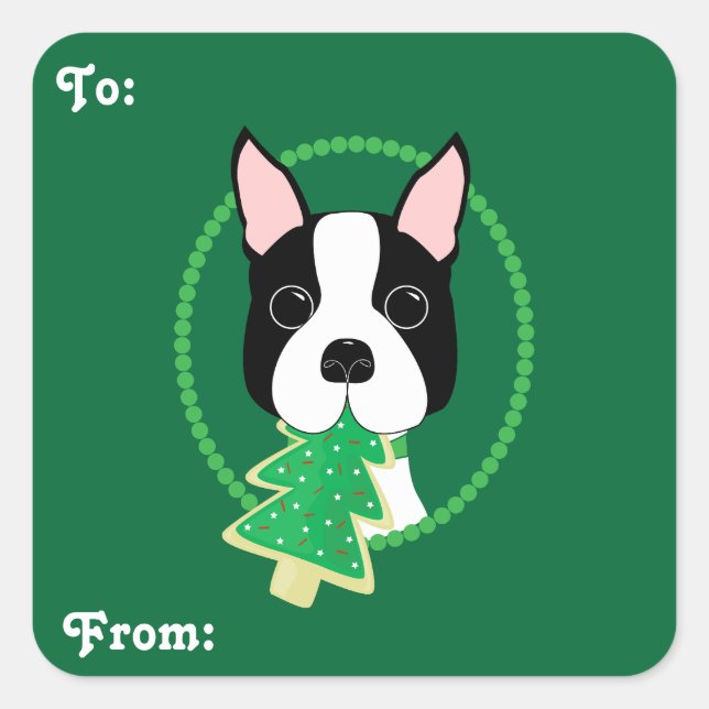 Adesivo Quadrado Boston Terrier Christmas Gift Stickers (Frente)