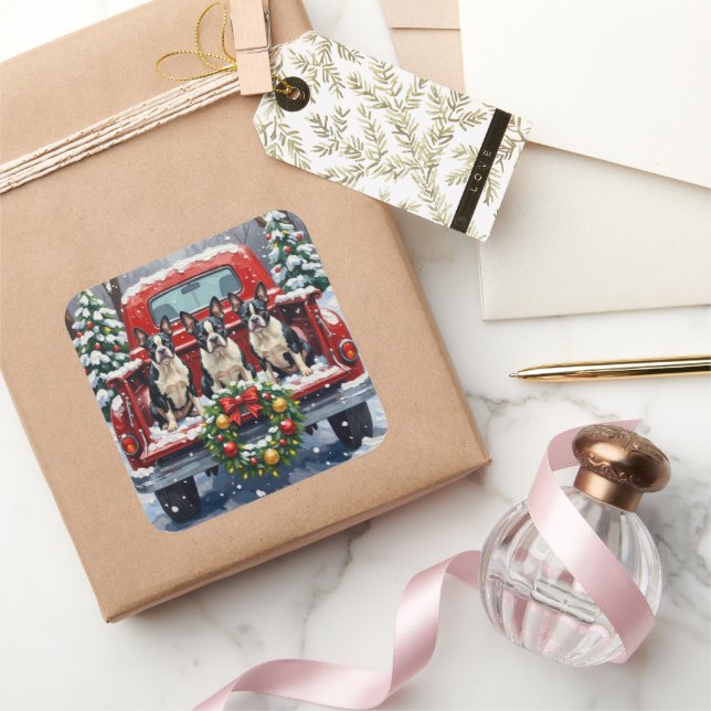 Adesivo Quadrado Boston Terrier Christmas Red Truck Holiday (Presentear)