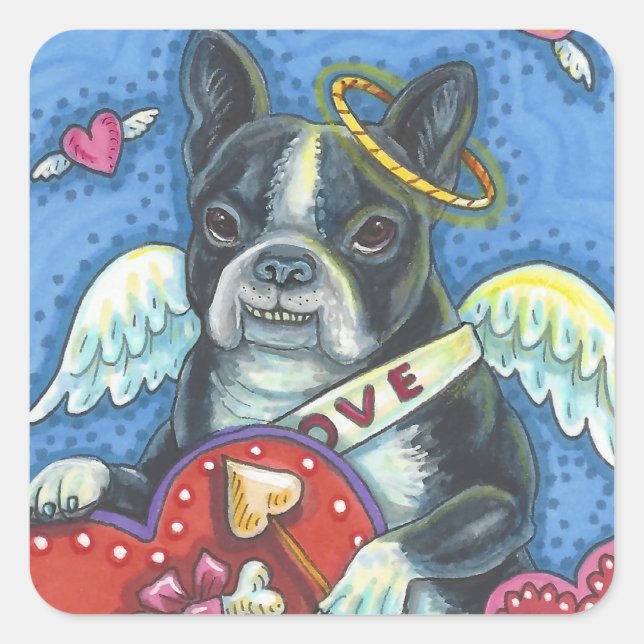 Adesivo Quadrado Boston Terrier, CUPID DOG NAMORADOS STICKERS Sheet (Frente)