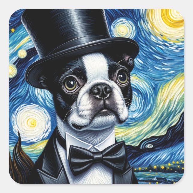 Adesivo Quadrado Boston Terrier em um tufão Van Gogh (Frente)