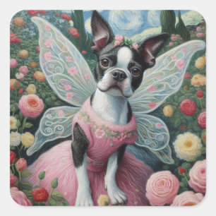 Adesivo Quadrado Boston Terrier Fairy em um jardim de flores