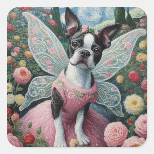 Adesivo Quadrado Boston Terrier Fairy em um jardim de flores (Frente)