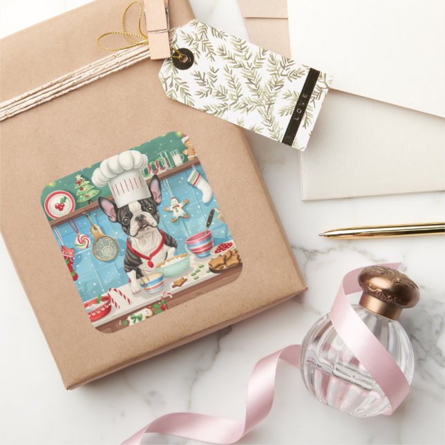 Adesivo Quadrado Boston Terrier Holiday Baking: Natal Festivo (Presentear)