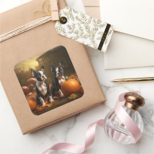 Adesivo Quadrado Boston Terrier Puppy Autumn Delight Pumpkin