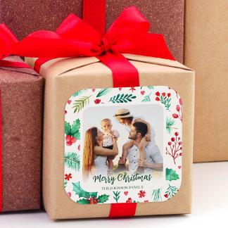 Adesivo Quadrado Botânica de Aquarela com Natal de Foto da Família