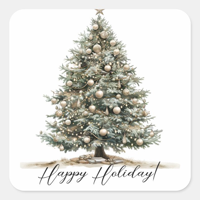Adesivo Quadrado Botânica de Aquarela de Natal Elegante (Frente)