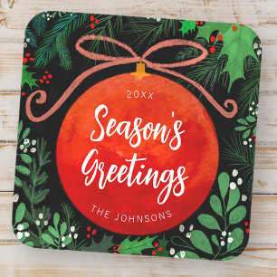 Adesivo Quadrado Botânica de Ornamento de Bola Vermelha Moderna de 