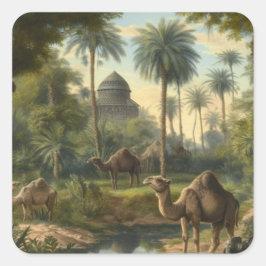 Adesivo Quadrado Botânica: dromedários na selva perto de um rio