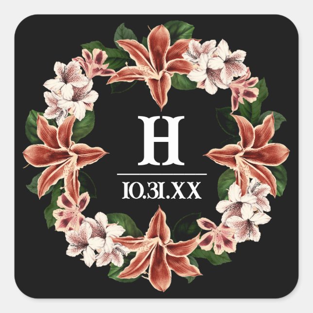 Adesivo Quadrado Botânica Preta do Monograma Escuro e Moody (Frente)