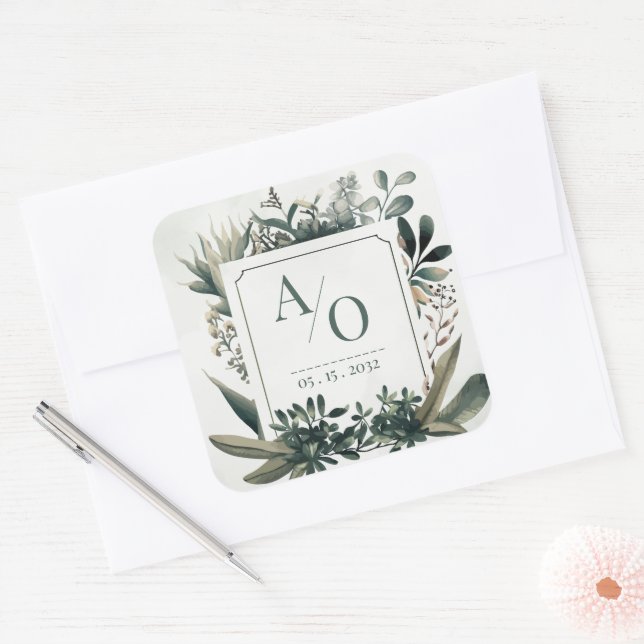 Adesivo Quadrado Botanical Greenery Wedding Monogram  (Envelope)