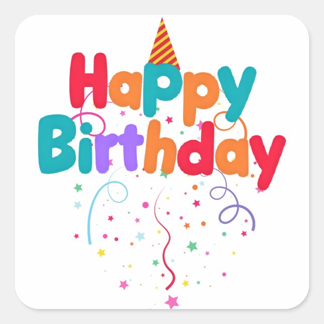 Adesivo Quadrado Botão de Confetes de Aniversário Feliz (Frente)