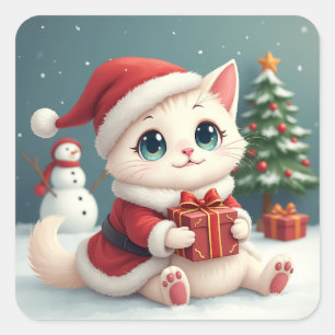 Adesivo Quadrado Botão de Gato de Natal Branco