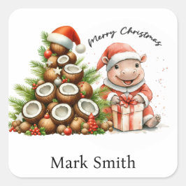 Adesivo Quadrado Botão de saudação de feriado do Hippo Papais noeis