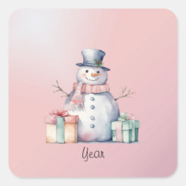Adesivo Quadrado Botão Snowman Rosa com Pacotes