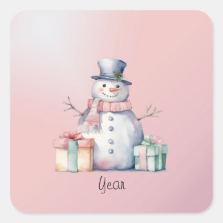 Adesivo Quadrado Botão Snowman Rosa com Pacotes