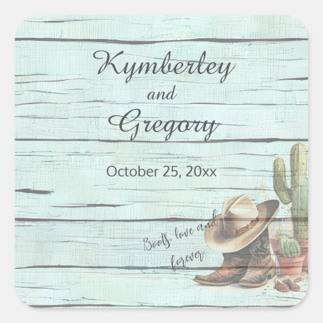 Adesivo Quadrado Botas Country Turquesa Rústicas Chapéu (Frente)