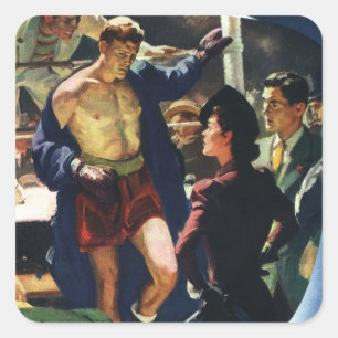 Adesivo Quadrado Boxe Esportiva Vintage, Boxeador Deixando o Ringue